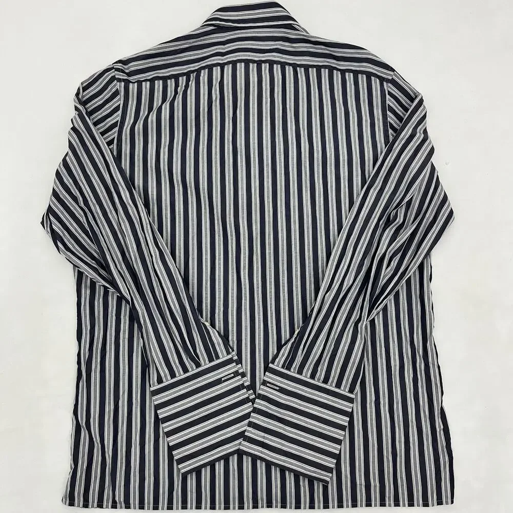 Banana Republic Mens XL(17-17.5) Slim Fit‎ Dress Shirt Navy Gray Striped Cotton